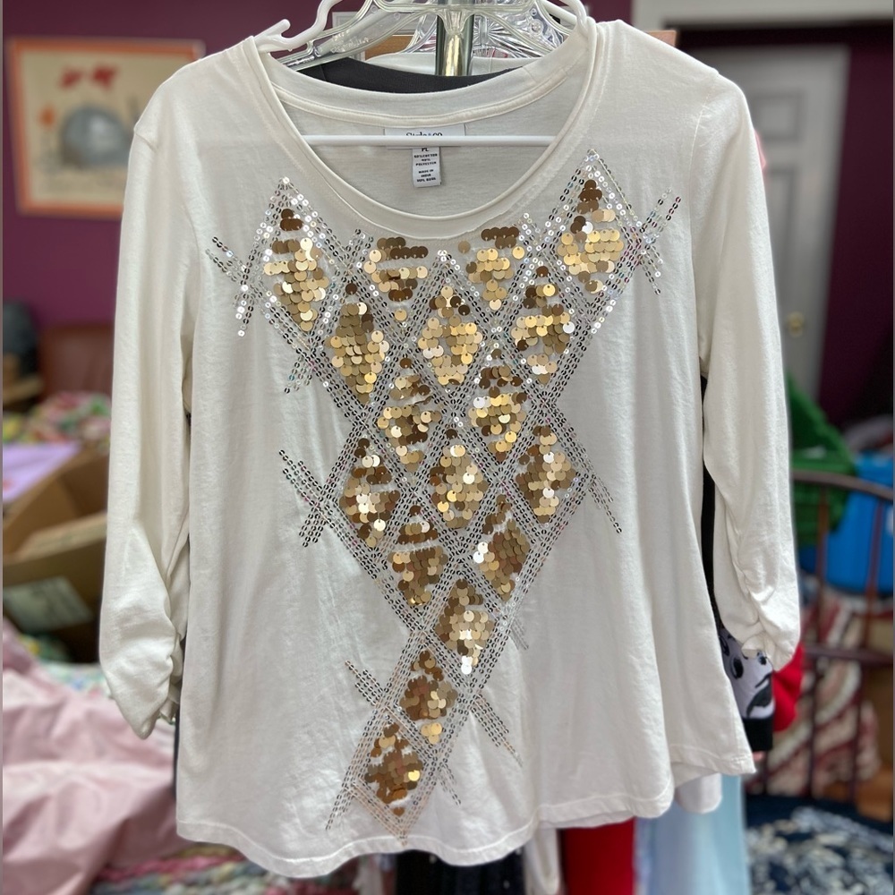Style & Co Women’s Sequins Top White P/Large